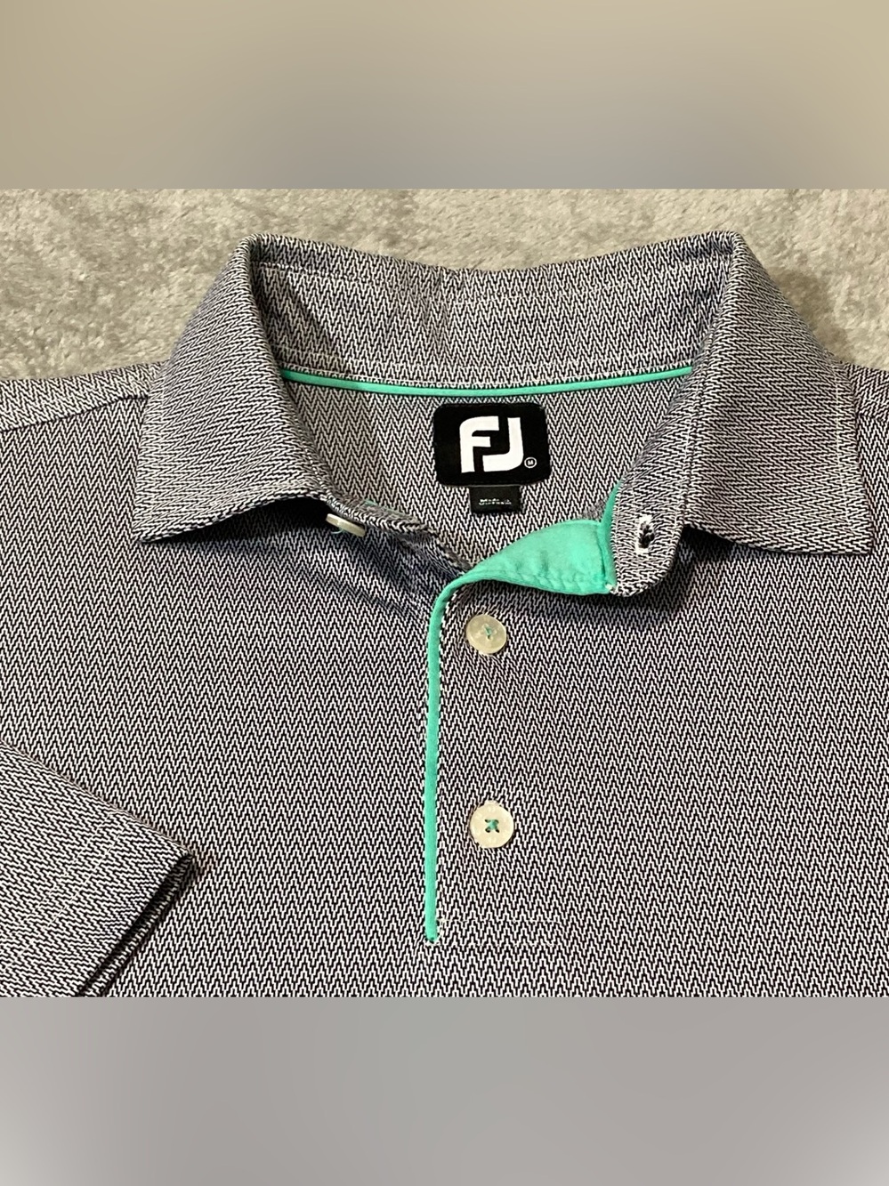 Footjoy Golf Polo Mens Medium Chevron Gray Course Logo Teal Collar